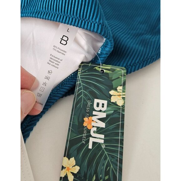 Womens Large High Waisted Bikini Set Adj Straps Ribbed Texture Green White - Picture 12 of 12